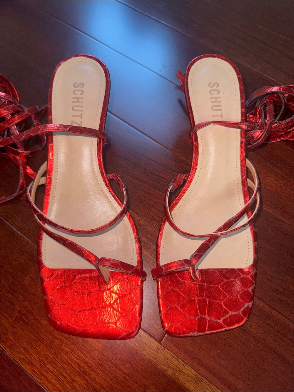 SCHUTZ Red Croc Ankle Tie Square Toe Low 2” Heels